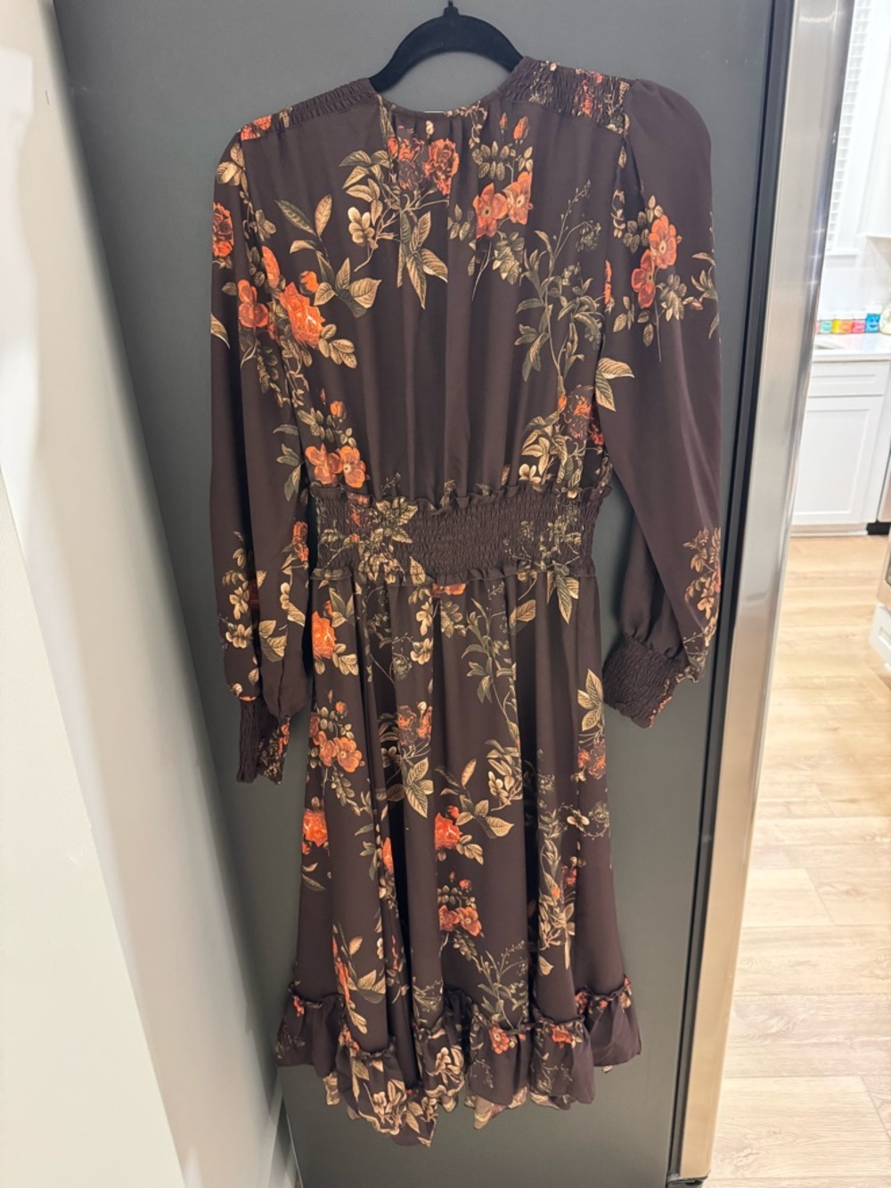 H&M Brown Floral Long Sleeve Midi Dress with Orange Blooms - Picture 2 of 4